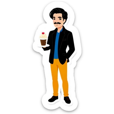 White German white man with black hair ist holding a cup with pudding sticker