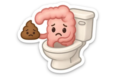 emoji stile iphone di un intestino che esce dal wc con in mano una montagnetta di feci con espressione triste a palline sticker