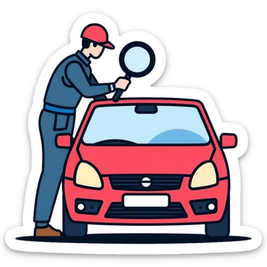 car inspection, mechanic examining vehicle with magnifying glass sticker