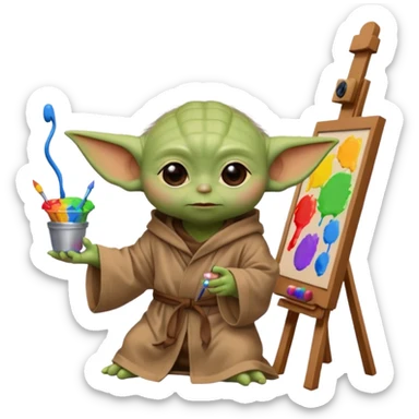 Baby Yoda in his brown robe listening music on his headphones, painting a picture on an easel and surrounded by paint pots. sticker
