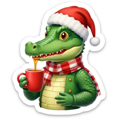 Fun crocodile wearing a winter hat and scarf, holding a warm mug of Bombardino drink sticker