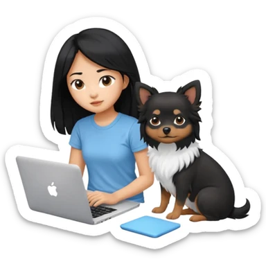 Asian girl with long black hair, wearing a light blue t-shirt, working on an Apple laptop, beside a small black and white dog sticker