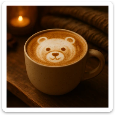 Add a bear face foam art style to the coffee latte topped with cinnamon, keep the cozy atmosphere. Maintain the cozy and warm look of the original image. sticker