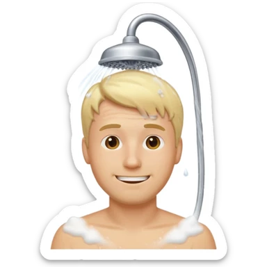 blonde man under showerhead, lots of foam, happy, modest, emoji style sticker