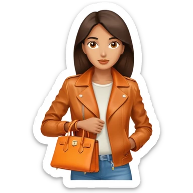 Exotic and tan woman wearing a leather Hermes jacket. She has an orange Hermes Birkin Bag. I want the image to be close up.  sticker