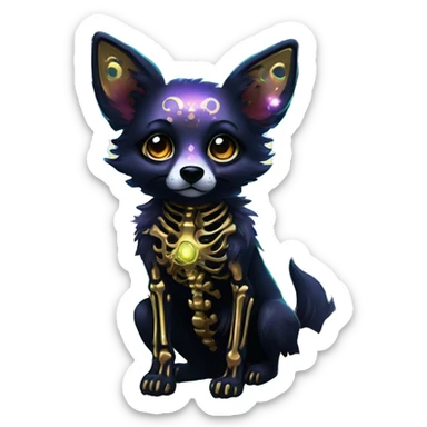 Black iridescent dog fox zombie skeleton gold mechanical nebula galaxy stars flowers fairy lights vintage sticker