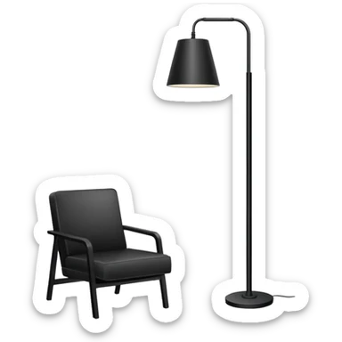 Minimalistic flat vector icon, iOS style, thin black contour on white background. Floor lamp and chair next to a framed picture on wall. Clean, no text, no shadows sticker