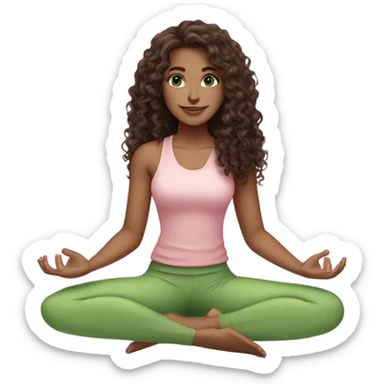 Dark brown long curly hair and green eyes yoga beautiful young woman in light pink pink pink clothes sitting on a yoga mat sticker