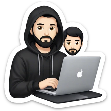 hackeur blanc cheveux noir barbe et capuche noir avec un macbook sticker