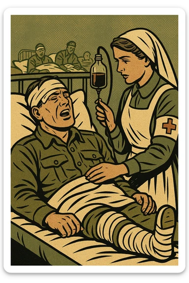 A world war one British soldier in an army hospital bed.  The soldier has a bandage around his head, with a splint on one of his legs.  He is also being given a blood transfusion from an army hospital nurse. In the background are other injured soldiers.  The main colour of the image is khaki and greens sticker