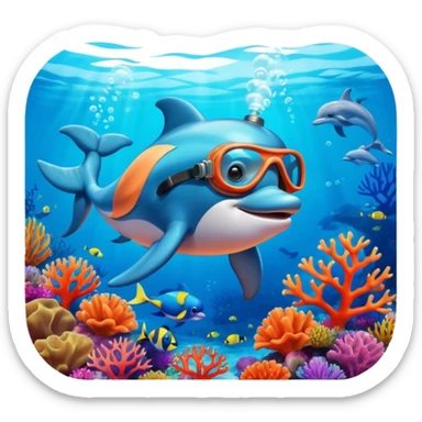 A brave dolphin in diver mask and oxygen tank, exploring coral

 sticker