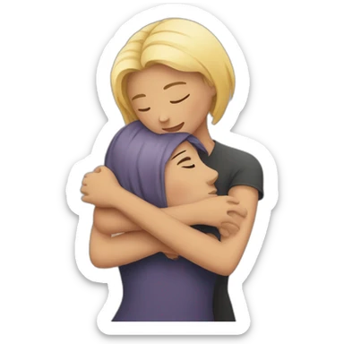 Two girls hug, one has a short hairstyle, the other has a square sticker