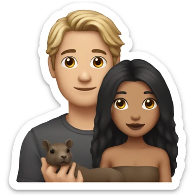 a woman with black long hair and just a black eyeliner with a little capybara puppett on his hand sticker