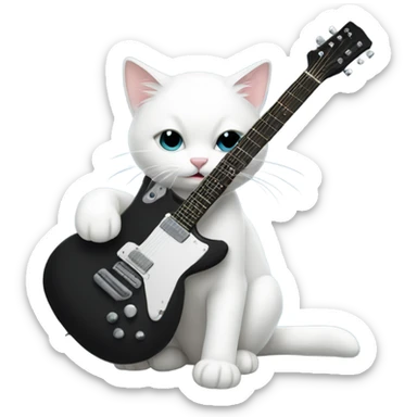 white cat playing a black rock guitar sticker