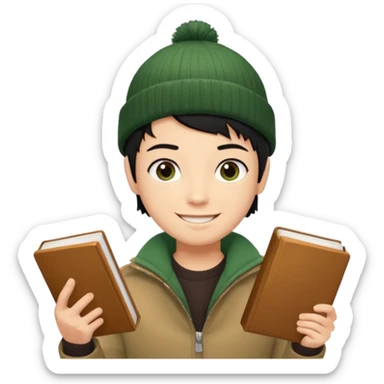 tan skin, non binary man with pixie cut black hair, wearing brown jacket and dark green beanie, smiling , holding up  book  sticker