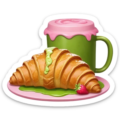 A giant croissant with a closed matcha mug with a strawberry syrup base sticker