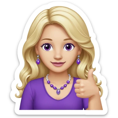 lady with long wavy blonde hair, purple top, коричневыми eyes, thumbs up, с бусами белые и серебром на шее sticker
