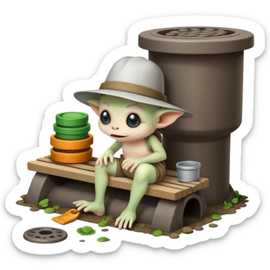 Mini sewer gremlin building little mess stacks on a bench in a manhole sticker