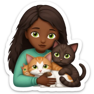 Crea un emoji donde salga un chico moreno con los ojos claros, una chica morena con los ojos marrones y SOLO UN gato europeo comun de pelaje oscuro y ojos verde claro, quiero que se esten abrazando y el gato este en el medio de los dos sticker