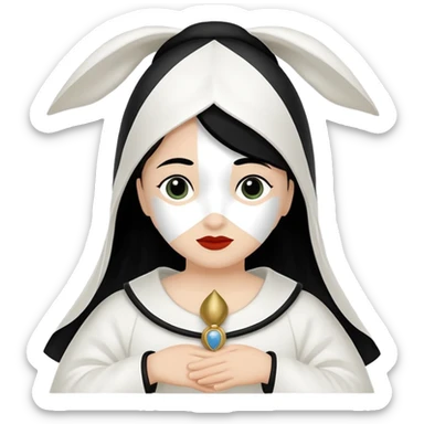 vull un perosnatge estil bimoji que sigui com una nimfa bella i fantasmal amb túniques blanques. Té la pell literalments blanca com el guix, cabell platejat, un nas llarg, ulls negres grans i llavis carmesí. que estigui somrient sense arrecades i roba vermellai balnca  sticker