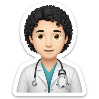 a young male doctor with black long curly hair and cheerful face without gpasses sticker