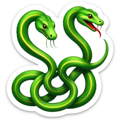 Two symmetrical green snakes tangled at their tails, facing each other, hissing sticker
