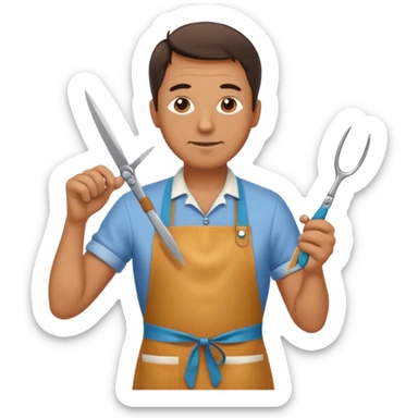 Middle-aged male florist – apron on, trimming stems with scissors sticker