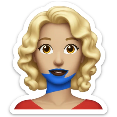Blonde woman with blue lipstick and red dress sticker