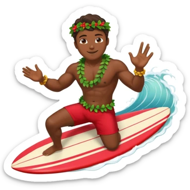Dark muscular surfer riding big wave wearing red shorts and a head leaf lei and shell necklace sticker