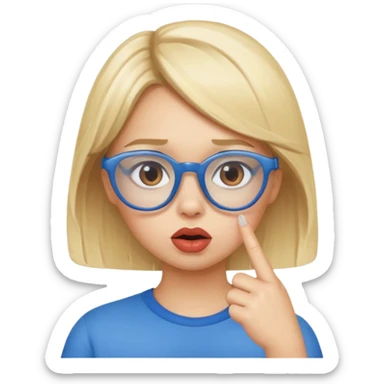 Blonde girl with brown eyes, blue glasses saying shhhh with her finger to her pouty lips sticker
