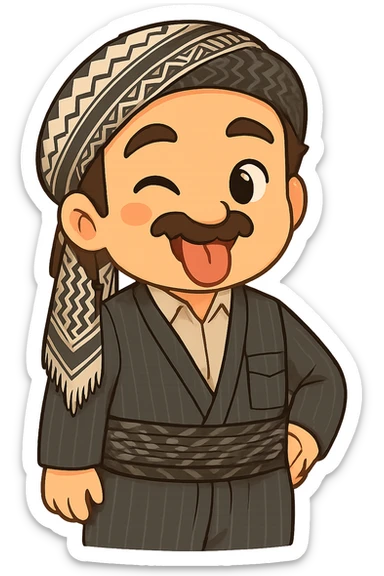 Cartoon sticker of a Kurdish man with the same clothes and scarf as the reference image, no changes to clothes or scarf, face with a tongue out and winking expression similar to emoji 😜, colorful and cheerful, no shadows or color halos around the image, no text, suitable for WhatsApp and Instagram, fully transparent background. sticker