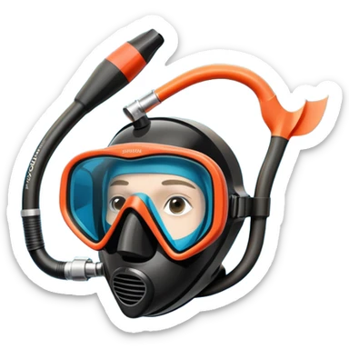 An icon featuring a close-up of a freediving mask and snorkel, with a breath-holding diver's fins, set against a vibrant underwater world. The design includes coral reefs, fish, and bubbles, symbolizing the serene beauty and thrill of freediving. Transparent background highlights the calm sticker