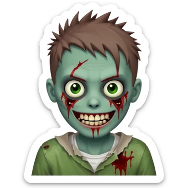 zombie boy with brown short spiky hair, white skin, and white eyes; an open smile, and bloodied teeth; sticker