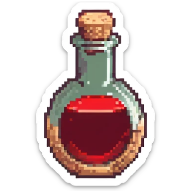 health potion, round bottle, red liquid, cork stopper sticker