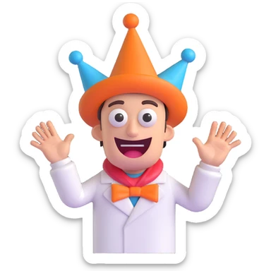 Discord role icon for a psychiatric clinic, 3D style, color #6fe8f3, patient character with multiple silly hats, crossed eyes, wacky pose, extremely weird and humorous sticker