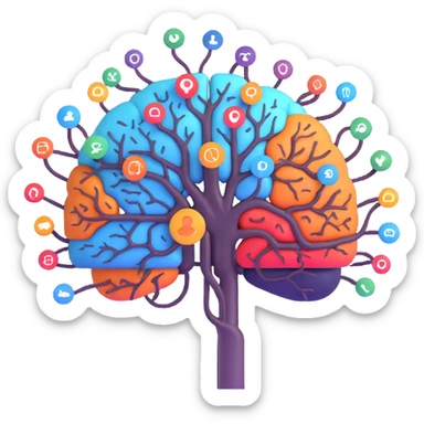 3D emoji style central AI brain with branching paths leading to diverse people and icons, each path glowing to show unique, personalized journeys in work and sales sticker