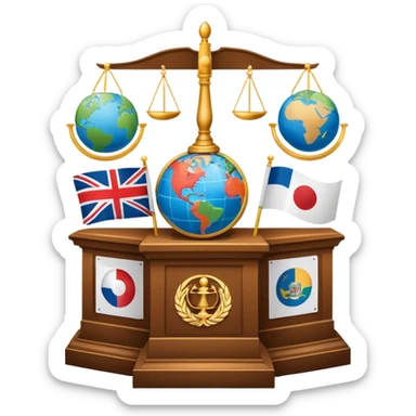 icon featuring podium with a speaker, national flags, and voting ballots, symbolizing political science. The design includes a globe and scales of justice in the background, representing governance, global affairs, and political theory. Transparent background emphasizes civic engagement and policy. sticker