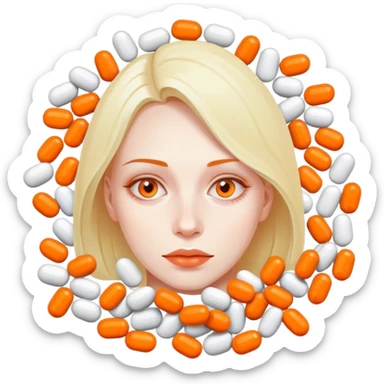 Lady in a pile of half orange and half white pills capsules sticker