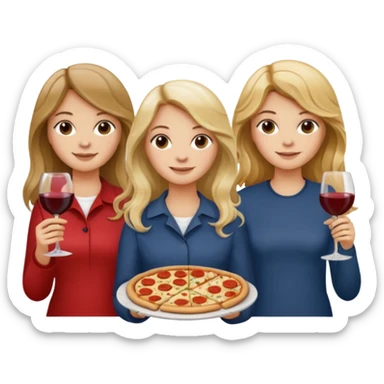 3 girls : one with wavy blond middle length hair, one with long straight long hair, one with dark blond middle length hair, each holding either a pizza, a pasta or a glass of wine sticker