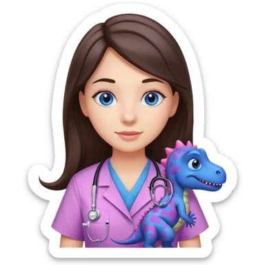 pretty brunette nurse with long hair and blue eyes in pink and purple dinosaur pattern scrubs sticker