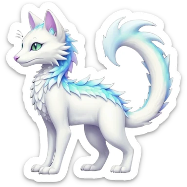 Kawaii white iridescent edgy fantasy feline-vernid-sergal-fursona animal creature with a tufted tail full body with intricate markings  sticker