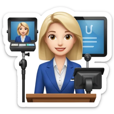 news anchor woman, with a screen with a prompter in front of her sticker