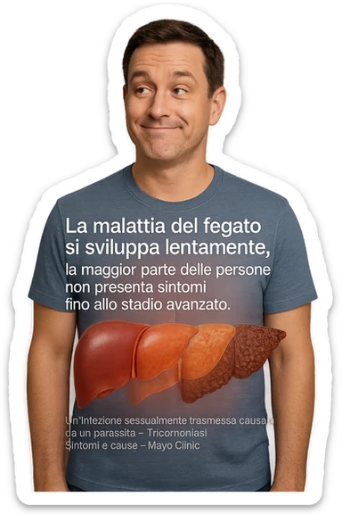 "Healthy-looking man unaware that liver disease develops slowly with most people having no symptoms until late stage A sexually transmitted infection caused by a parasite-Trichomoniasis - Symptoms & causes - Mayo Clinic, expression of false confidence in his health, transparent liver overlay showing progressive damage despite feeling normal, time-lapse visualization of gradual liver deterioration in italiano sticker