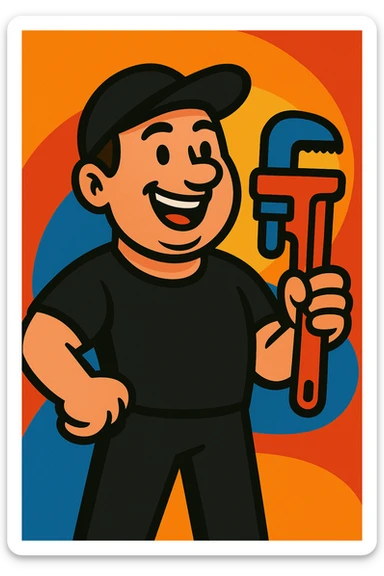 Plumber wearing a black t-shirt in vibrant cartoon style, colorful and lively illustration with clear details and expressive features. sticker
