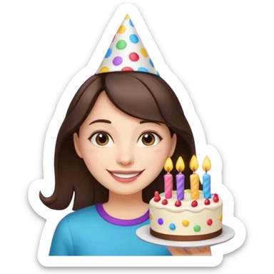 brunette girl celebrating her birthday, festive, colorful, smiling, party hat, cake sticker