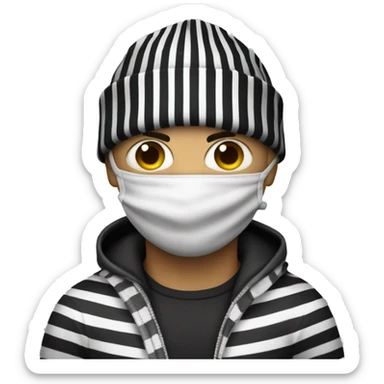 Robber with beanie and eye mask with black and white stripes, carrying a bag with a money symbol sticker