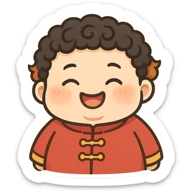 chubby Chinese figure, curly perm hairstyle with orange-brown colored tips, happy expression sticker