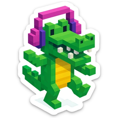 crocodile with headphones dancing, isometric view, voxel style sticker