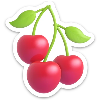 Recreate two cherries with leaves in iOS 3D emoji style, vibrant and glossy, no background. sticker