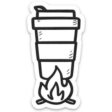 travel mug on a fire, hand drawn outlined icon style, no fill sticker